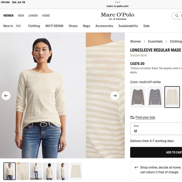 Marc O’Polo Essential Stripe Long Sleeve Organic Cotton Boat Neck T-Shirt Size M - Picture 10 of 14